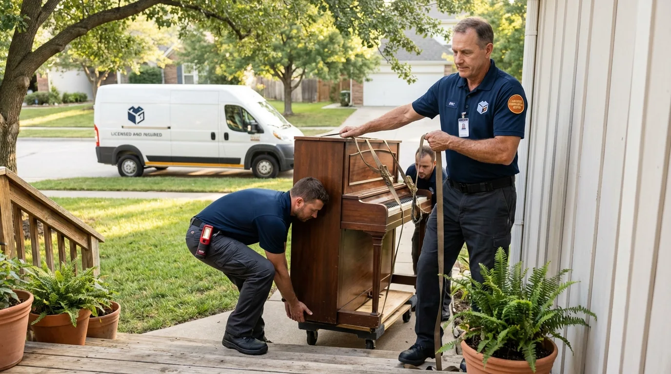 Licensed piano movers securing grand piano in Duson, LA