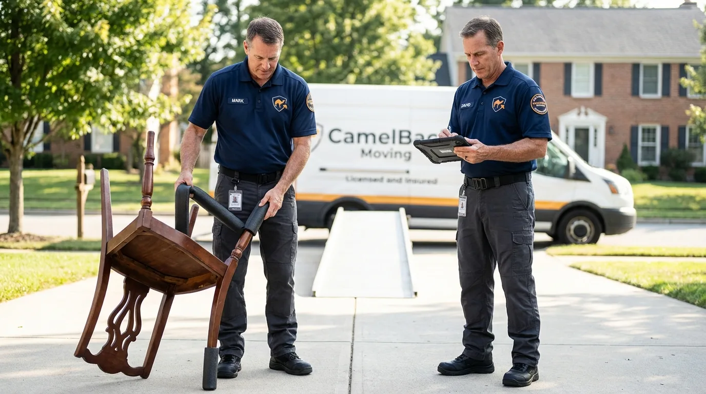 Movers inspecting furniture for damage prevention before loading in Duson, LA