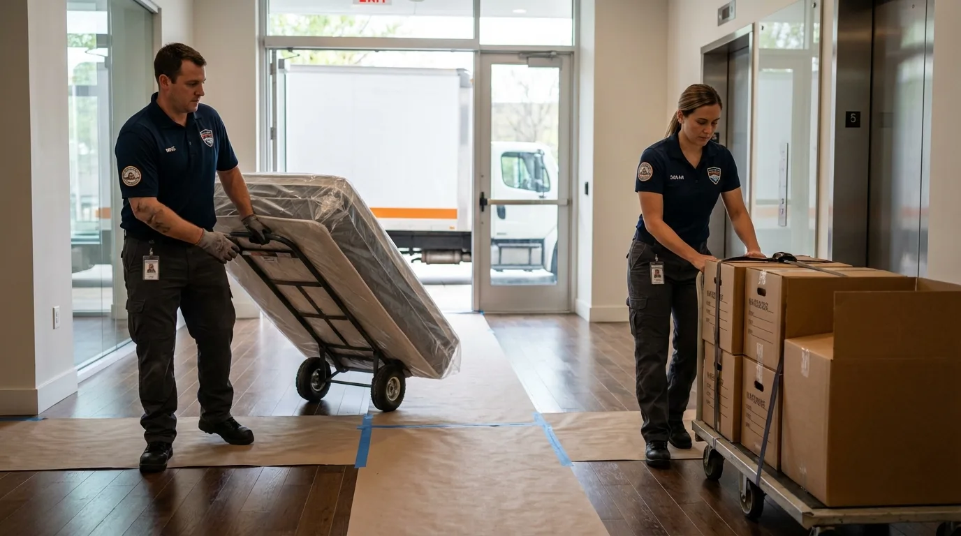 Professional apartment movers loading elevator in Duson, LA